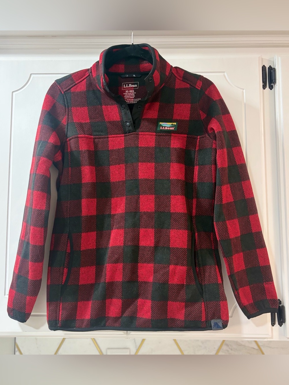 L.L.Bean Sweater Fleece Snap Pullover Red Black Buffalo Plaid XS Reg 500757